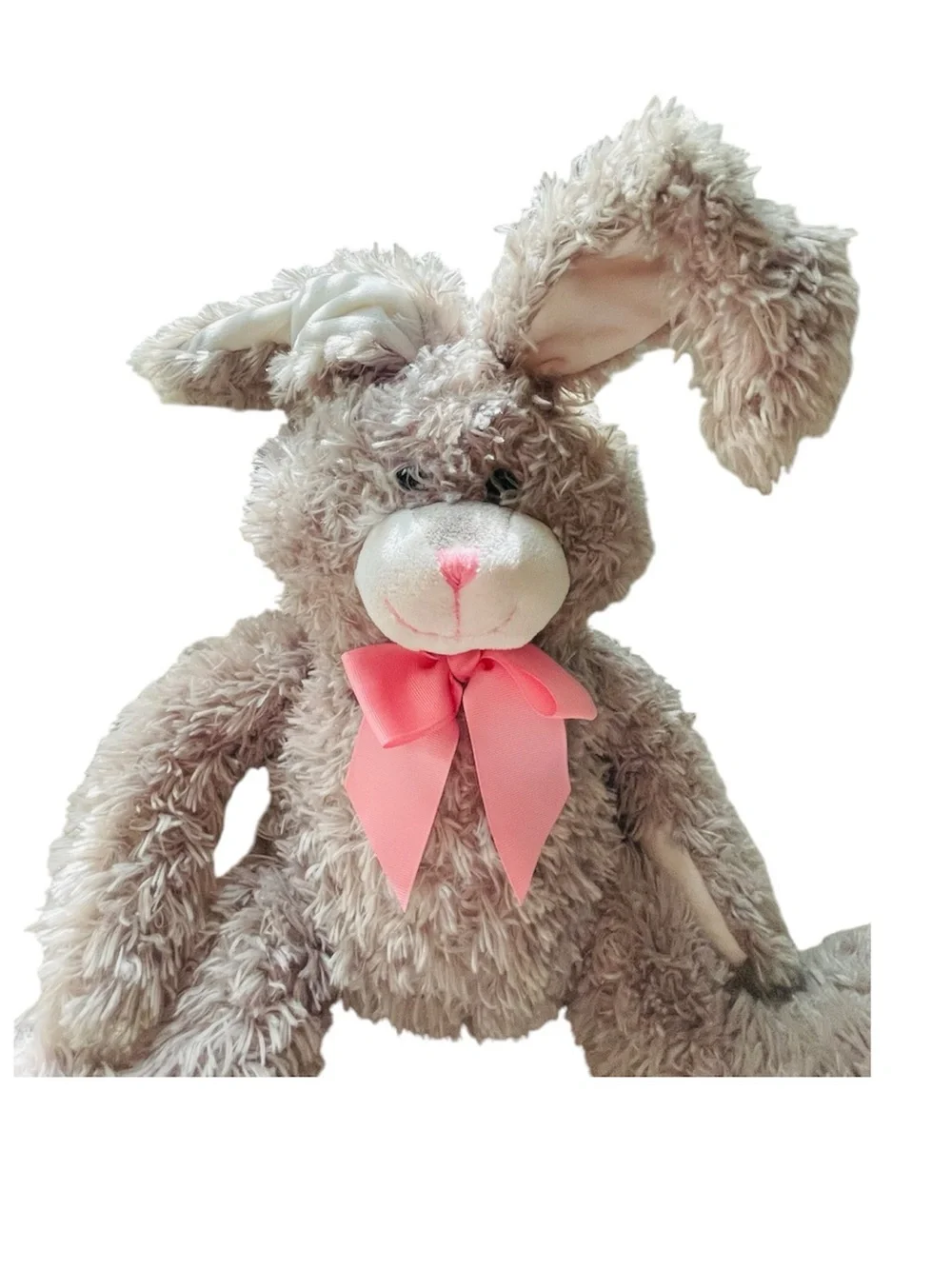Plush Beige Bunny with Pink Bow - Soft Snuggly Stuffed Toy